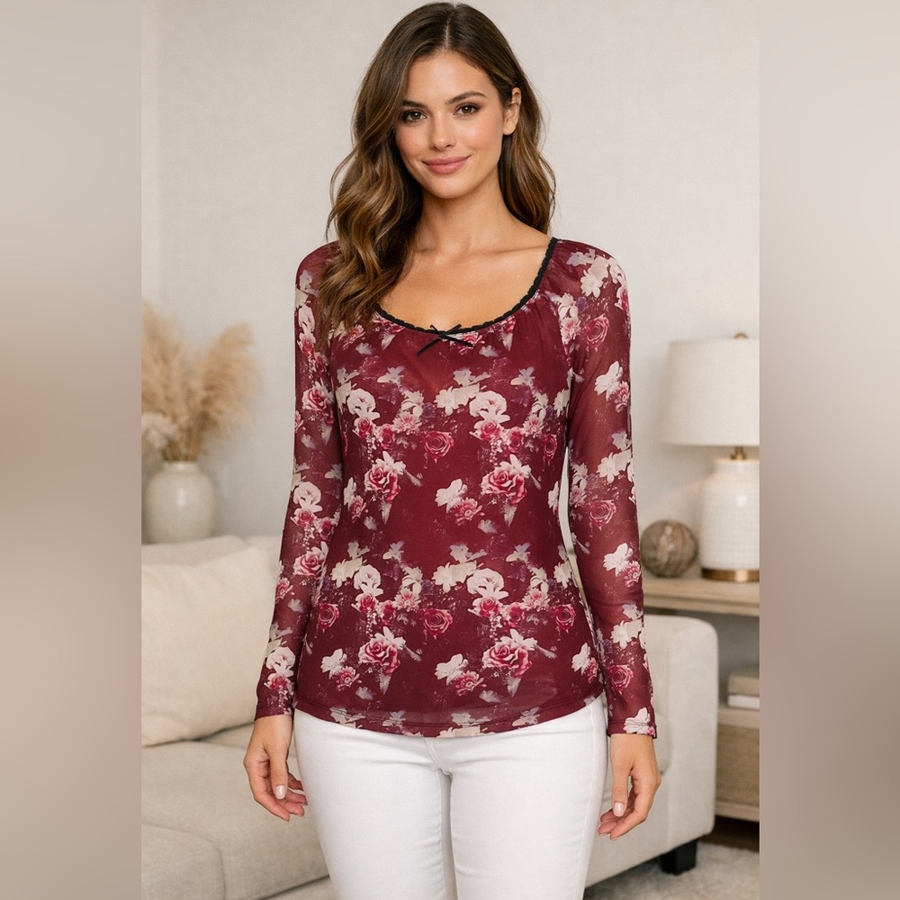 Coco & Shay Women’s Floral Mesh Lined Long Sleeve Top Burgundy Roses Size 2XL